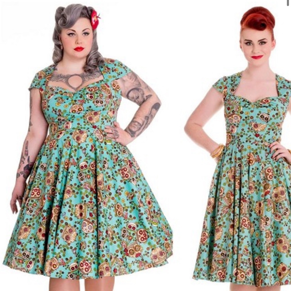 Hell Bunny Teal Sugar Skulls Dia de los Muertos dress